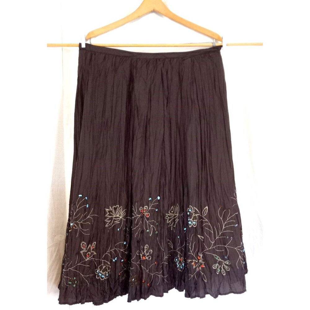 Chico’s Brown Silk Crinkled Embroidered Midi Skirt Size 2 (12) New with Tags